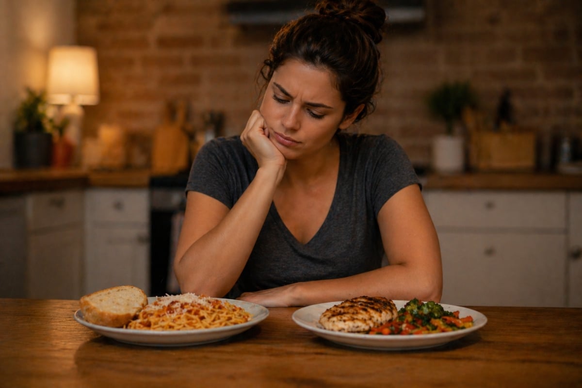 A person deciding between pasta and a low-carb chicken and vegetable meal