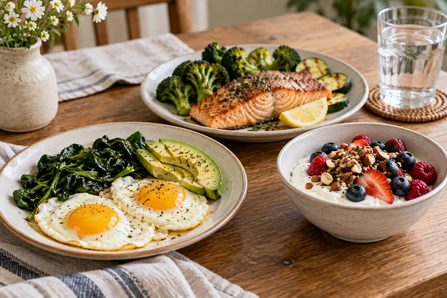 Three balanced low-carb meals on a wooden table: fried eggs with sauteed spinach and avocado, salmon with broccoli and zucchini, and a bowl of plain yogurt with berries and chopped nuts