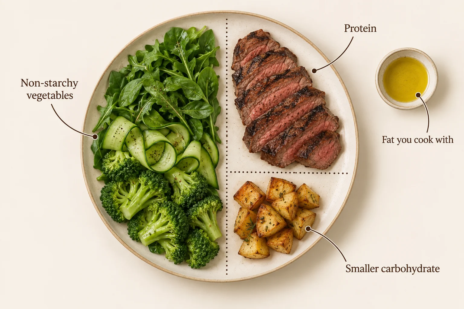 A simple plate diagram showing a protein portion, a large area of non-starchy vegetables, a small serving of carbohydrate and a spoonful of olive oil