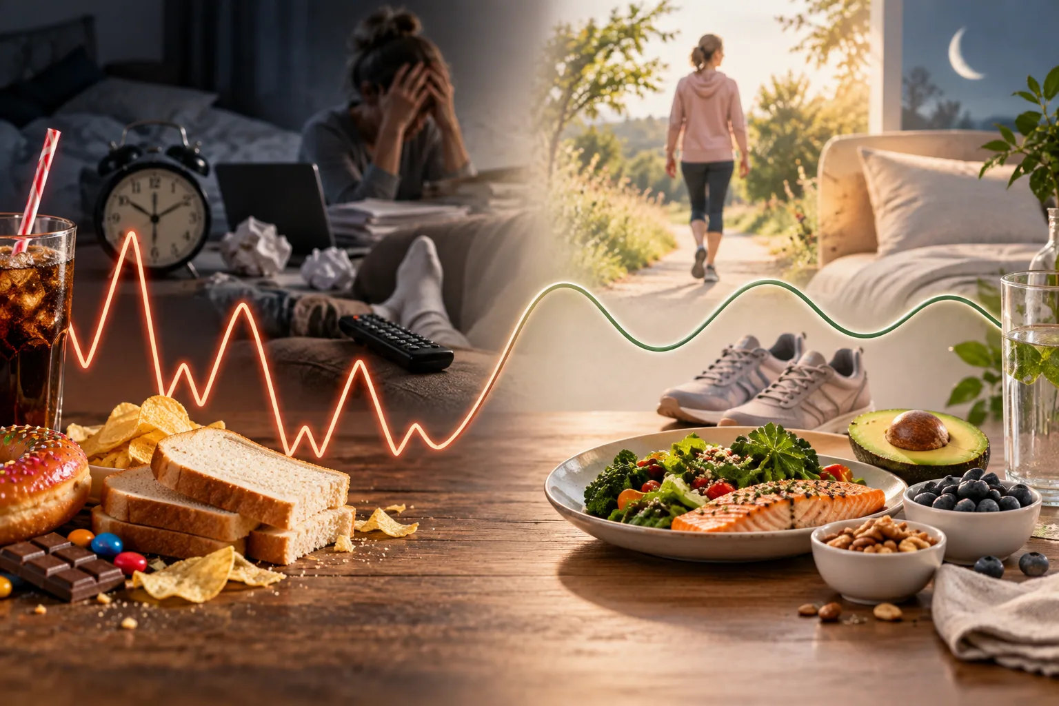 Split scene contrasting a jagged blood sugar curve over soda, bread, chips and a tired person slumped on a sofa with a smooth steady curve over a salmon and vegetable plate, walking shoes and a calm bedroom