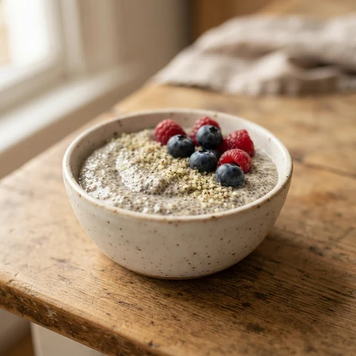 Overnight chia pudding topped with hemp hearts, blueberries and raspberries