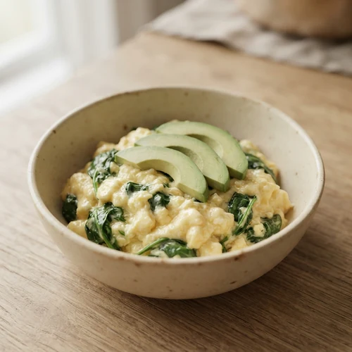 Scrambled eggs with wilted spinach and sliced avocado in a speckled cream bowl