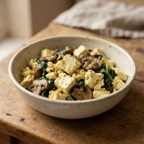 Tofu scramble with browned mushrooms and wilted spinach in a speckled cream bowl