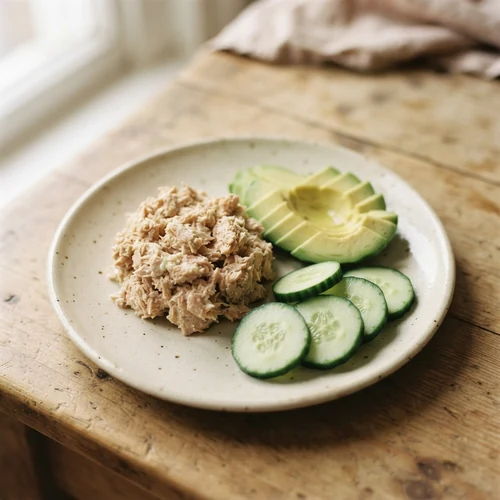 Flaked tuna on a plate with fanned avocado and cucumber slices