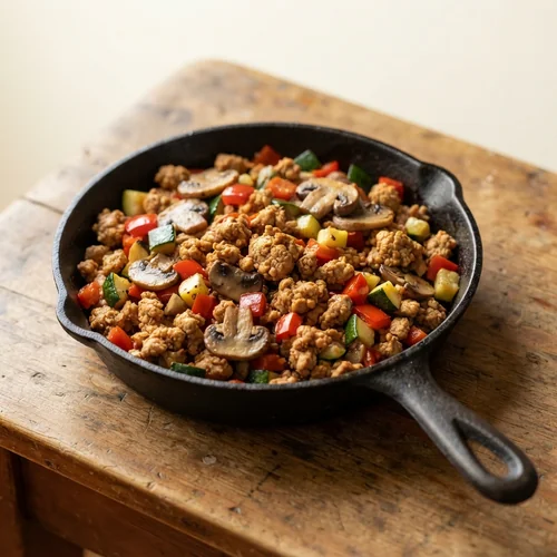 Ground turkey browned with mushrooms, red bell pepper and zucchini in a cast-iron skillet