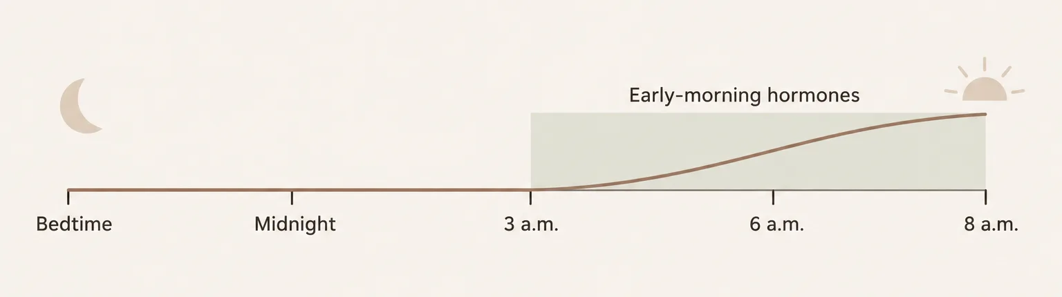 Overnight timeline from bedtime to 8 a.m., with a line that stays flat until 3 a.m. and then rises gently during the early-morning hormone window