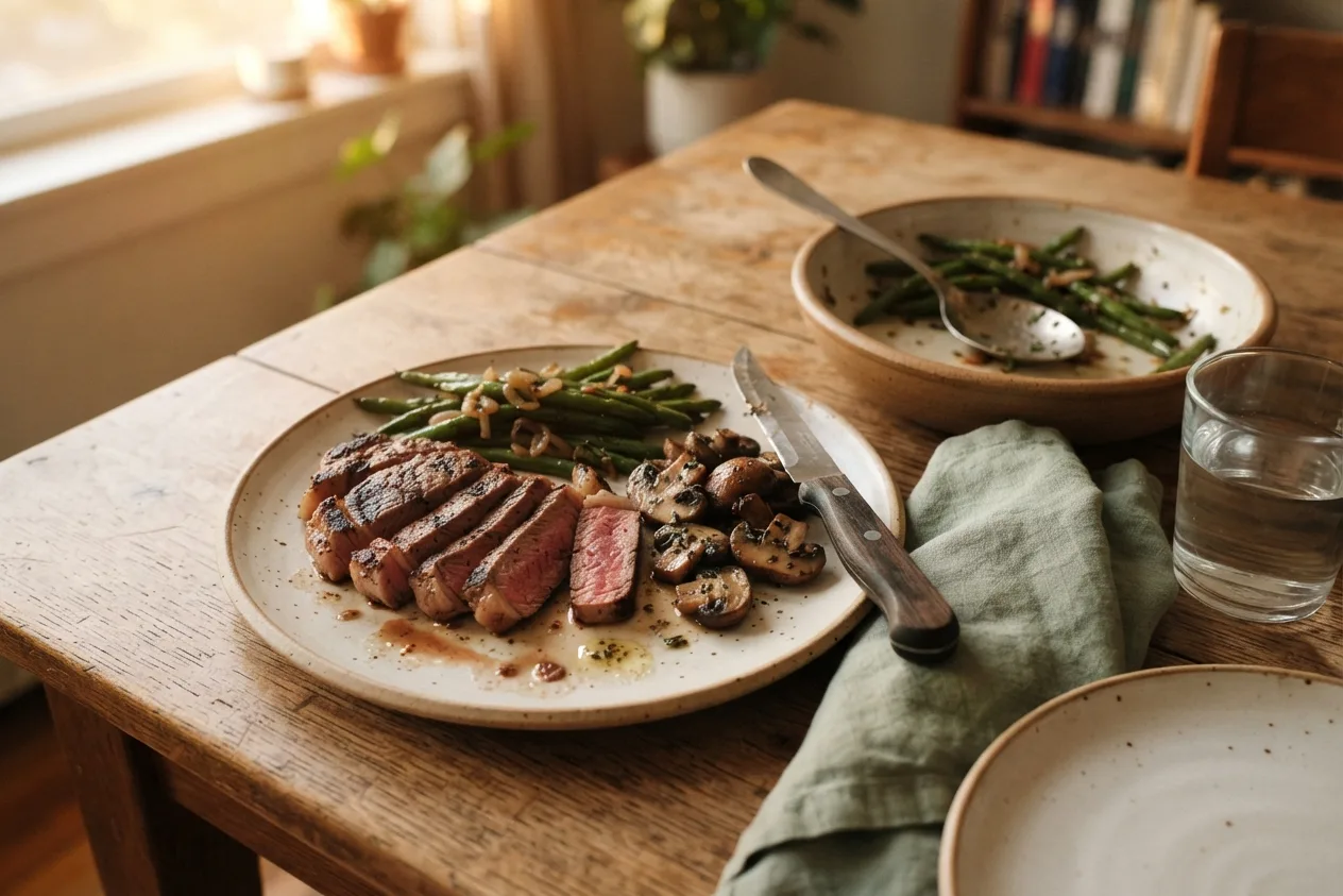 A weeknight dinner of sliced sirloin steak, green beans and sautéed mushrooms on a home table in early-evening light