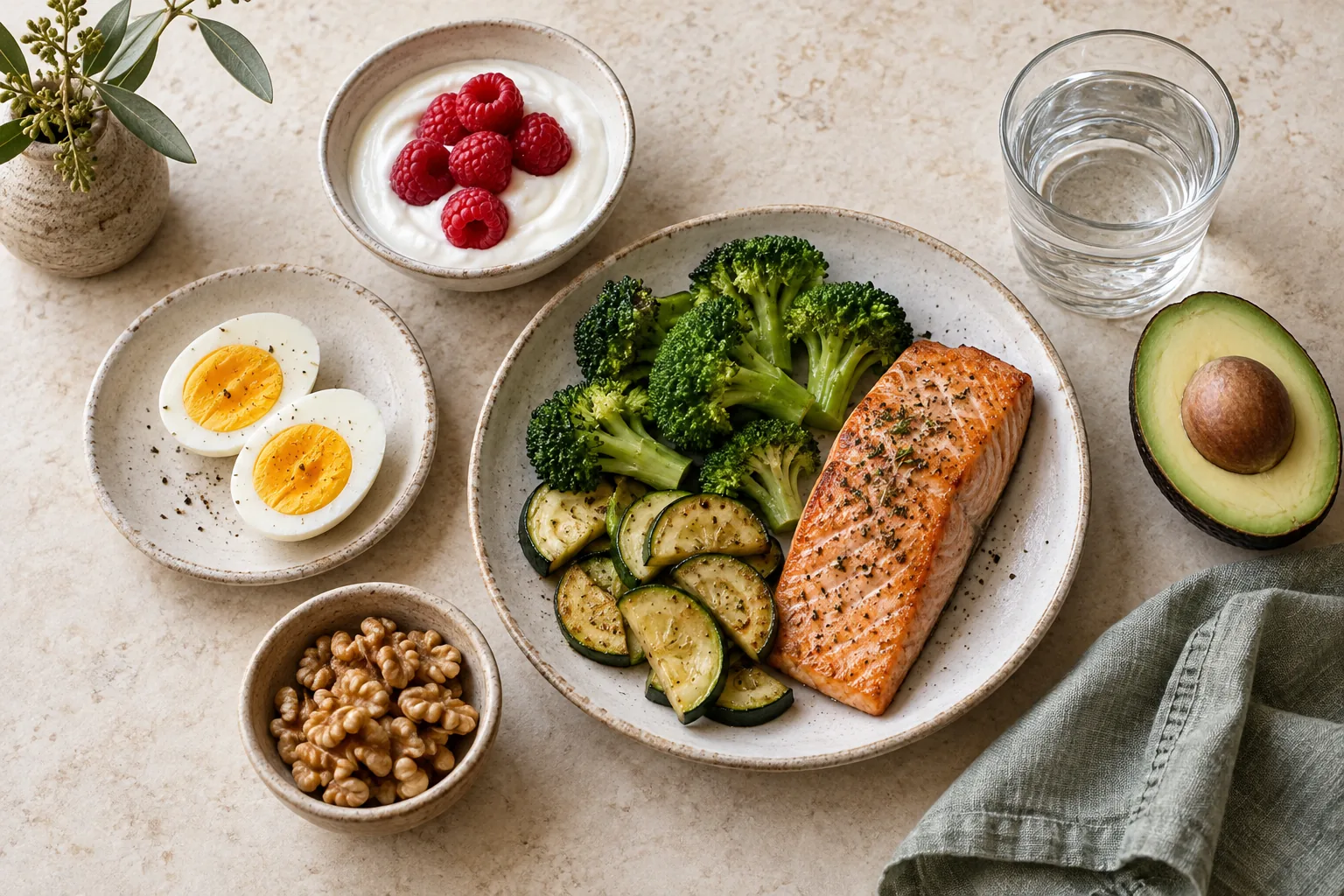 Salmon with broccoli and zucchini beside boiled eggs, plain yogurt with raspberries, walnuts, avocado, and water