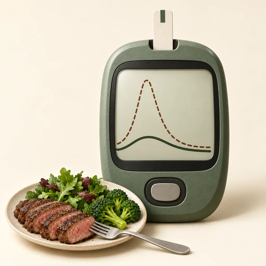 A glucose meter screen showing a low, gentle blood sugar curve beside a faint sharp spike, next to a plate of sliced steak, salad and broccoli