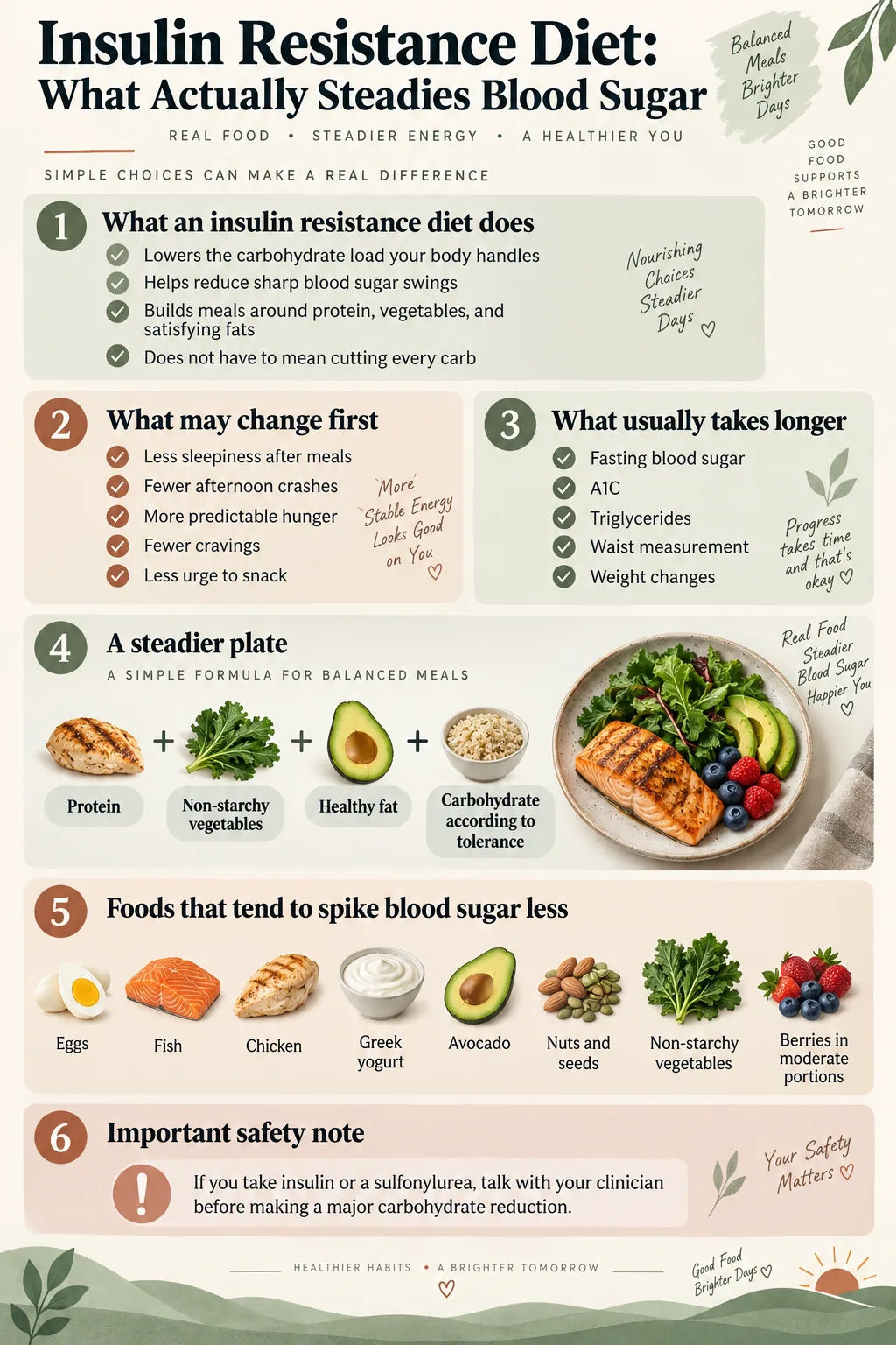 Infographic summarizing the insulin resistance diet: what the diet does, what may change first, what usually takes longer, a steadier plate formula, foods that spike blood sugar less, and a safety note about insulin and sulfonylureas