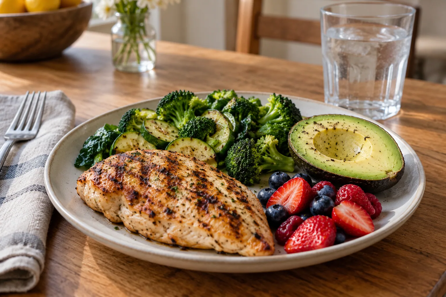 A protein-first plate of grilled chicken with broccoli, zucchini, spinach, avocado and a small portion of berries, beside a glass of water on a wooden table