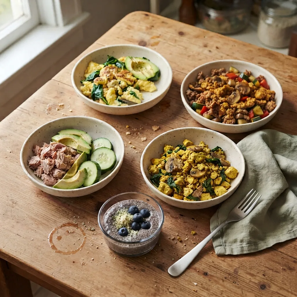 Five low-carb breakfasts on a wooden table: scrambled eggs with spinach and avocado, a turkey and mushroom skillet, tuna with cucumber, tofu scramble, and a chia and hemp bowl with berries
