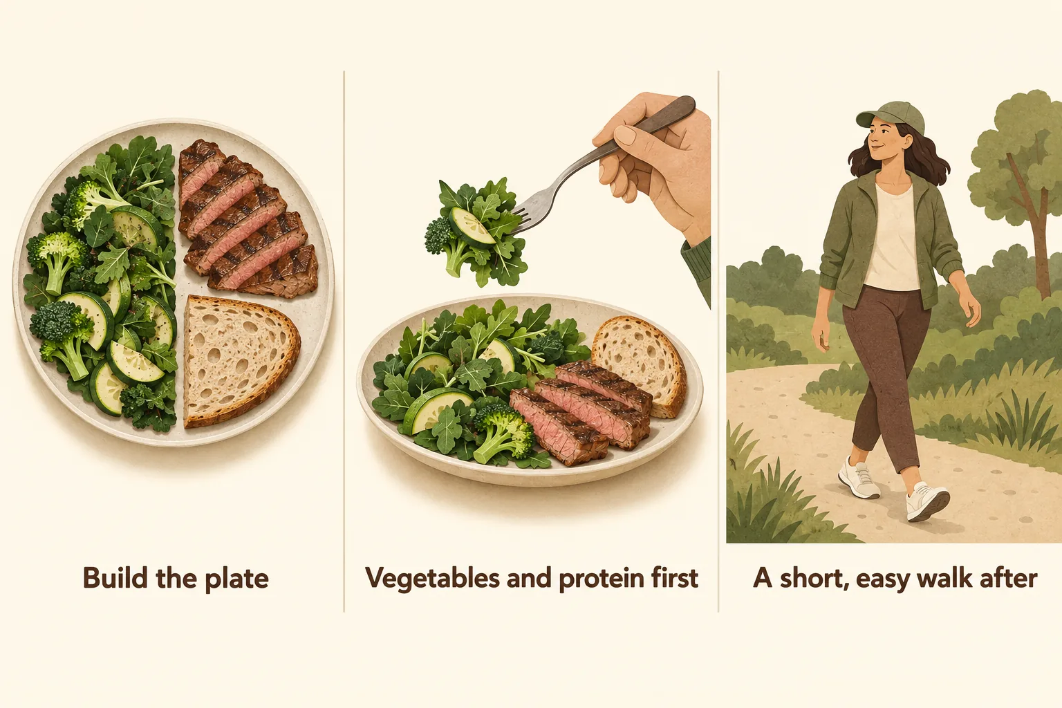 Three illustrated panels: a plate half full of vegetables with steak and a small piece of bread, a fork lifting salad before the bread, and a woman taking an easy walk on a path