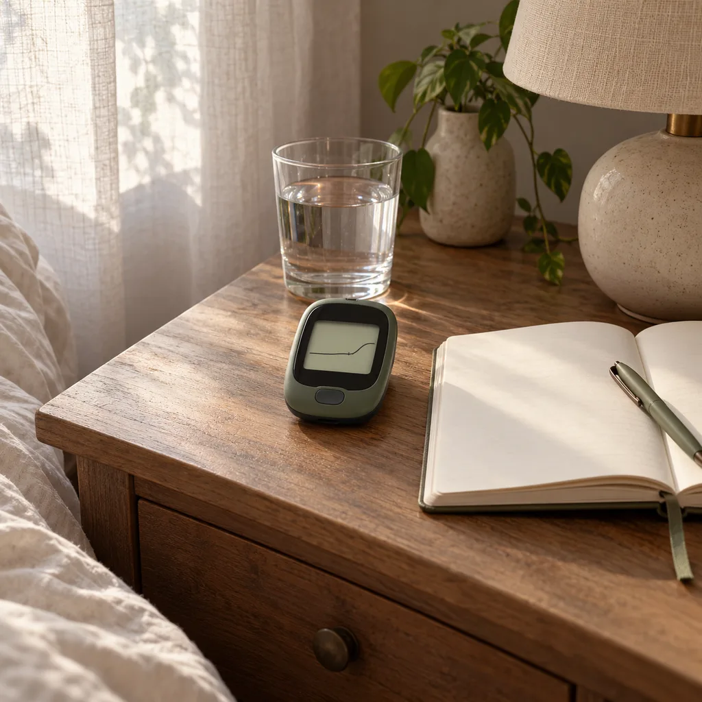 A glucose meter beside an open notebook and a glass of water on a bedside table in early-morning light
