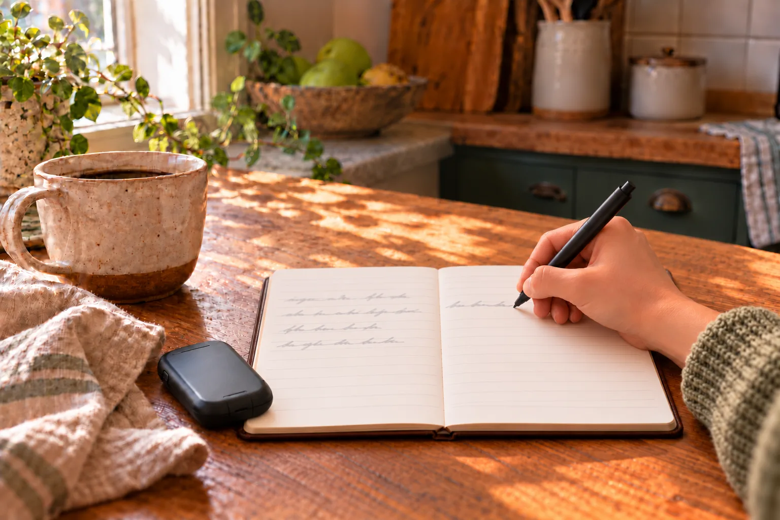 A hand writing in a paper notebook on a kitchen table next to a glucose meter and a mug of coffee in morning light
