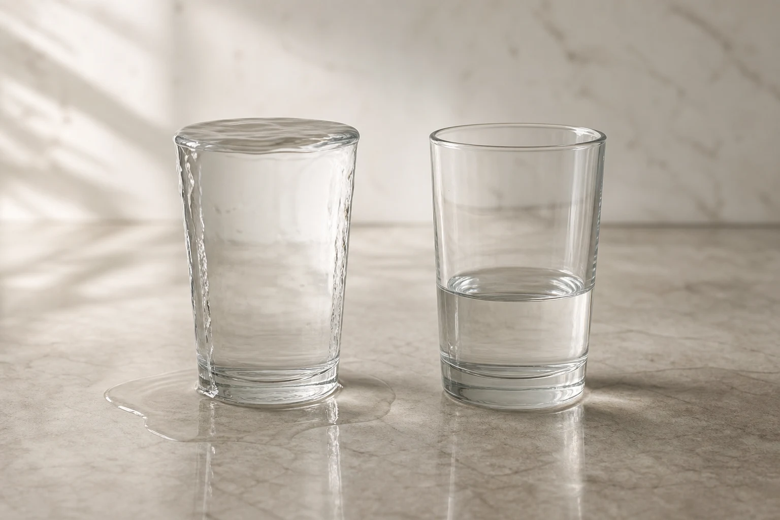 Two identical glasses of water on a counter, the left one filled to overflowing and spilling onto the marble, the right one filled only a third of the way