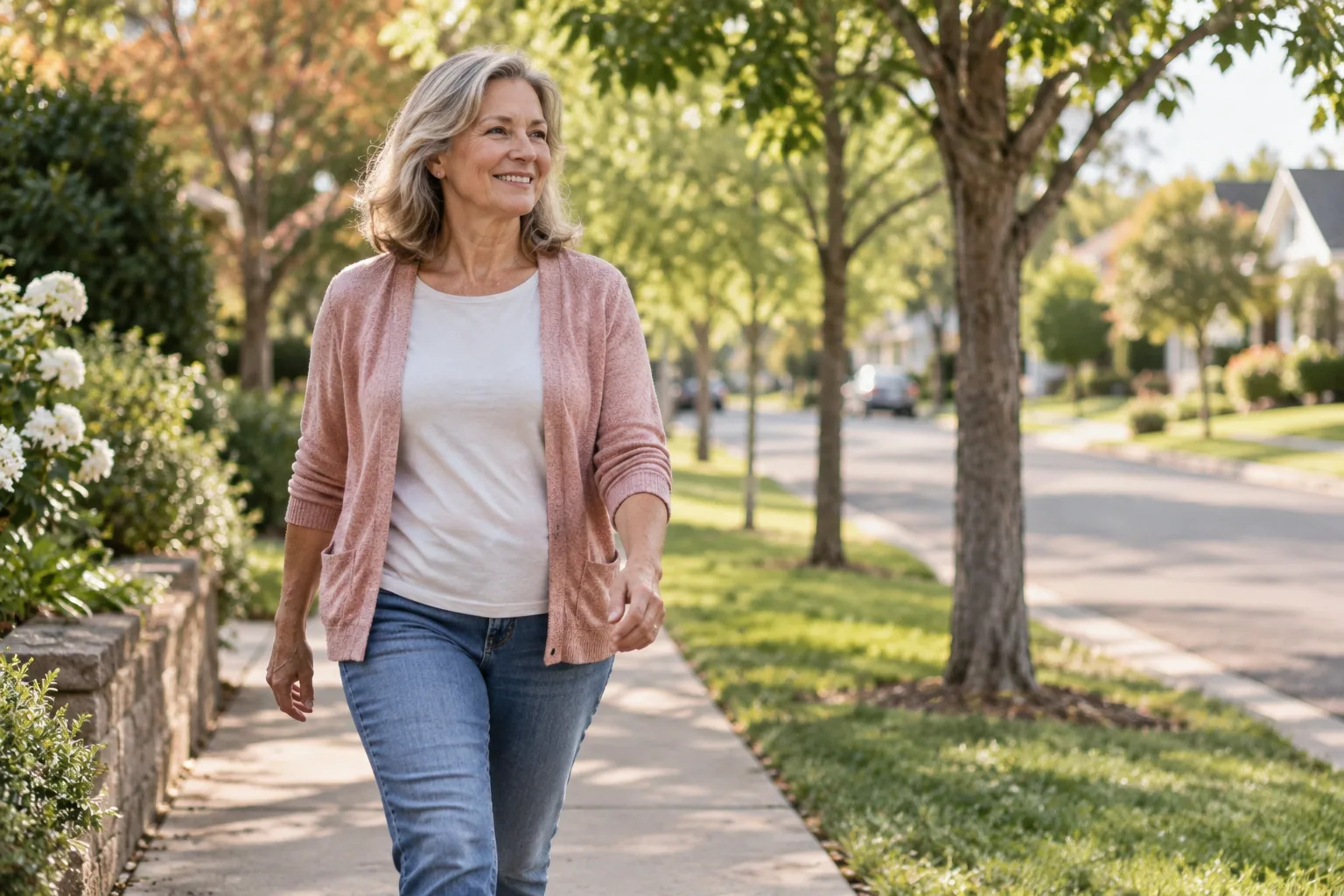 A woman in her fifties walking on a tree-lined suburban sidewalk in the afternoon sun