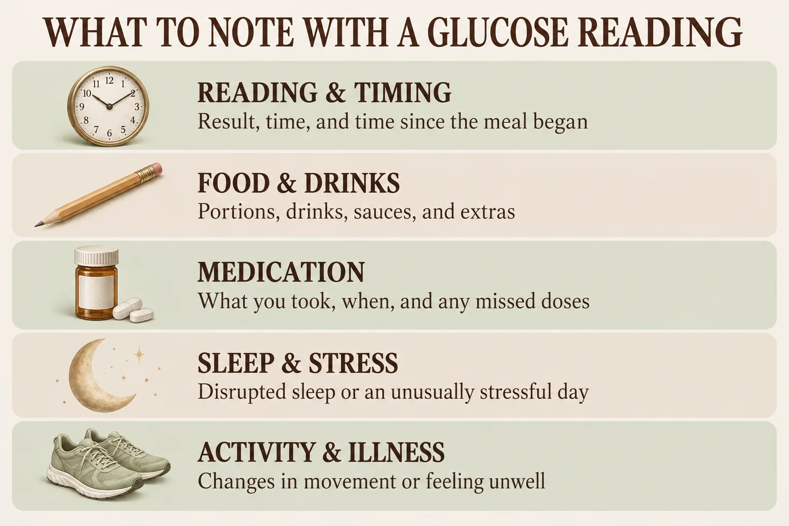 A five-part recording checklist: reading and timing, food and drinks, medication, sleep and stress, and activity and illness