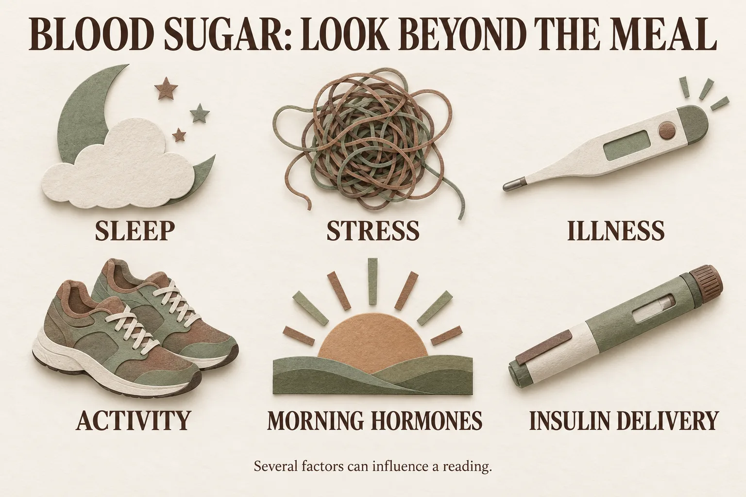 Paper-cutout icons for six blood sugar triggers besides food: sleep, stress, illness, activity, morning hormones, and insulin delivery