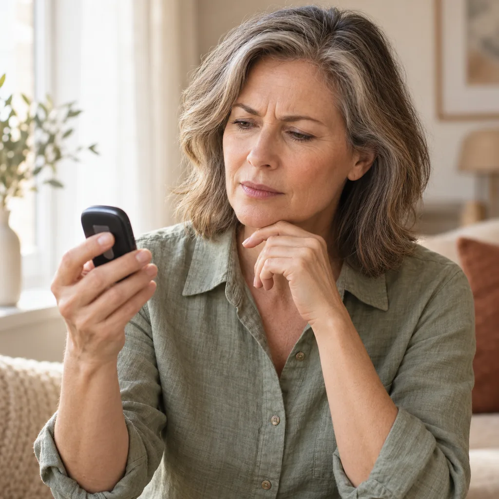 A woman looking puzzled while checking a glucose meter reading in her living room