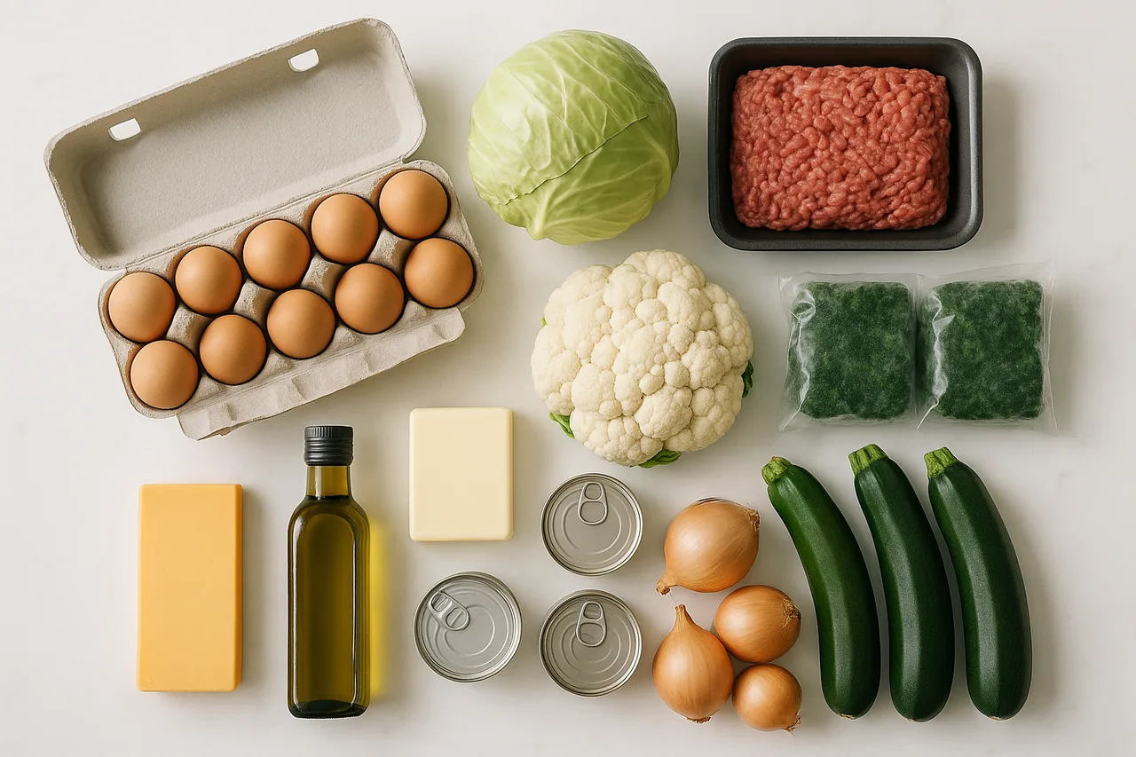 Cheap low-carb groceries laid out on a counter: eggs, cabbage, ground beef, cauliflower, frozen spinach, canned fish, cheddar, butter and olive oil