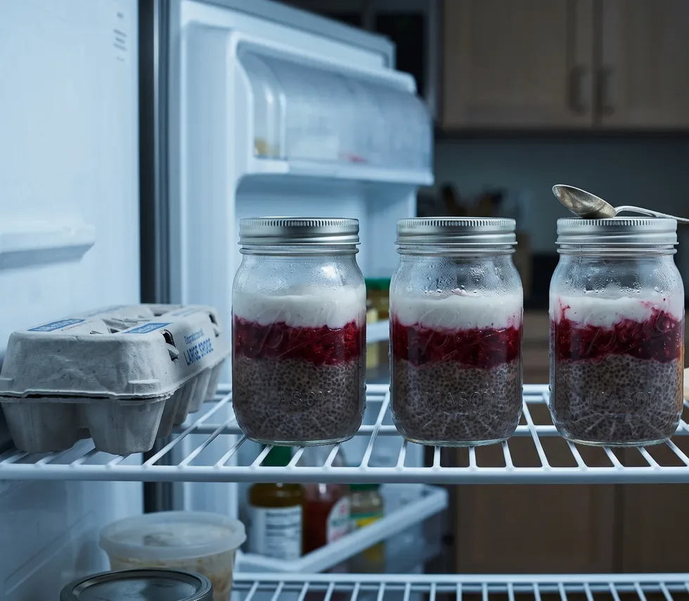 Three jars of chia pudding topped with berries on a refrigerator shelf, portioned ahead for the week