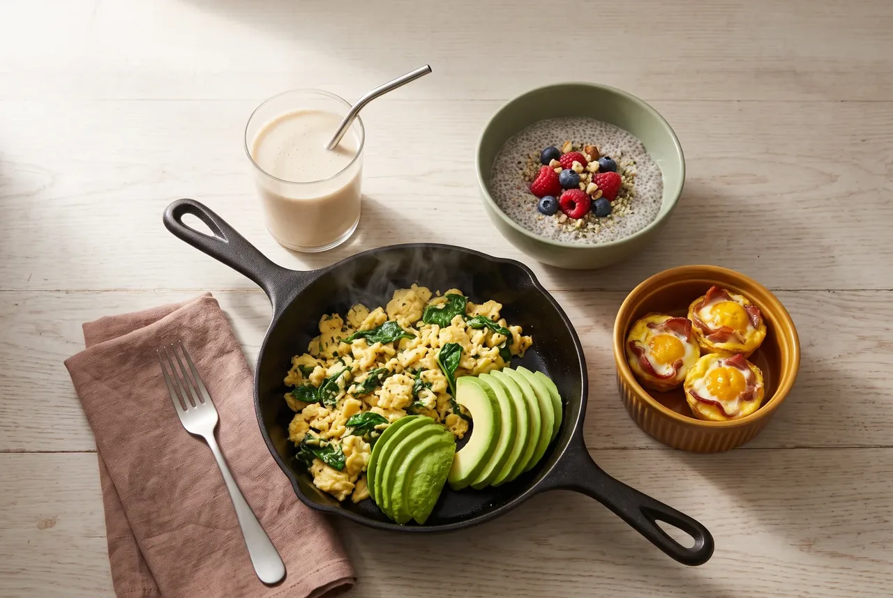 A skillet of scrambled eggs with spinach and sliced avocado beside egg and bacon cups, a chia seed bowl with berries and a dairy-free smoothie