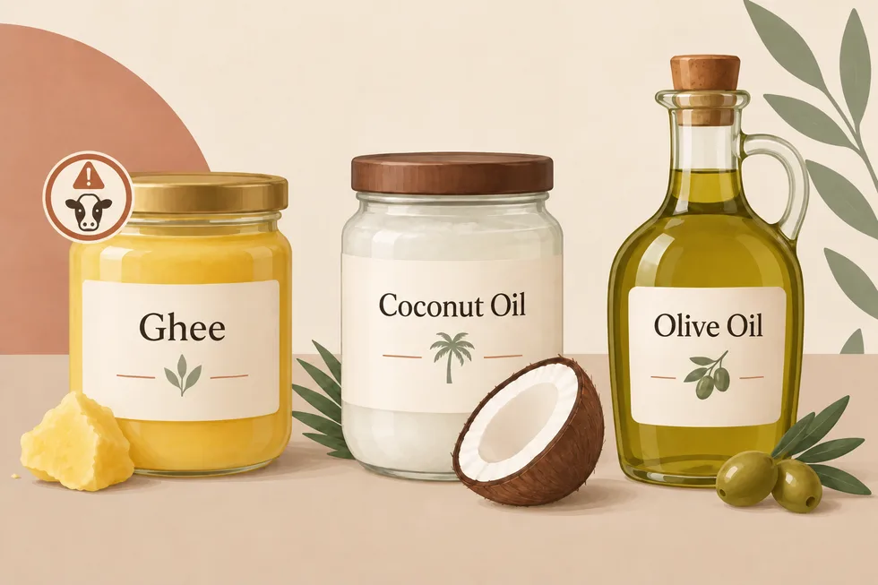 Illustration of a jar of ghee marked with a milk warning icon beside a jar of coconut oil and a bottle of olive oil