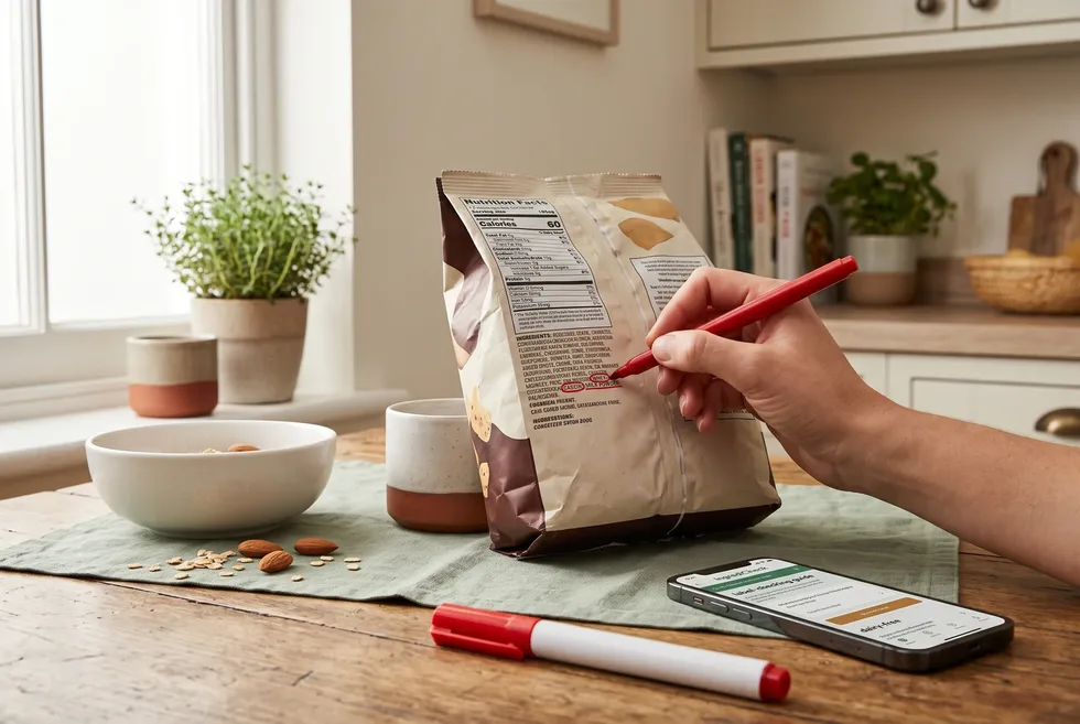 A hand marking the ingredient list on the back of a packaged food bag with a red pen