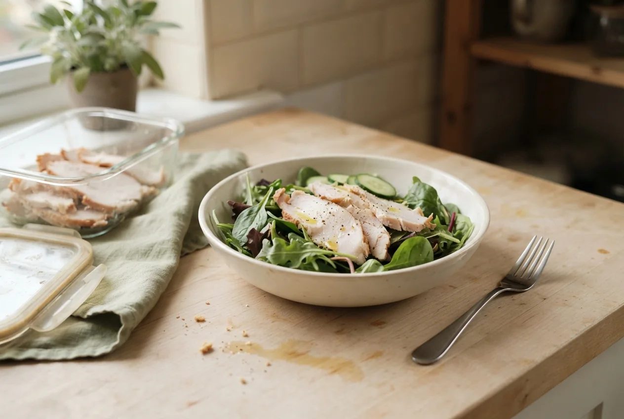 A bowl of salad greens and cucumber topped with sliced leftover turkey on a kitchen counter, with a glass container of more turkey beside it