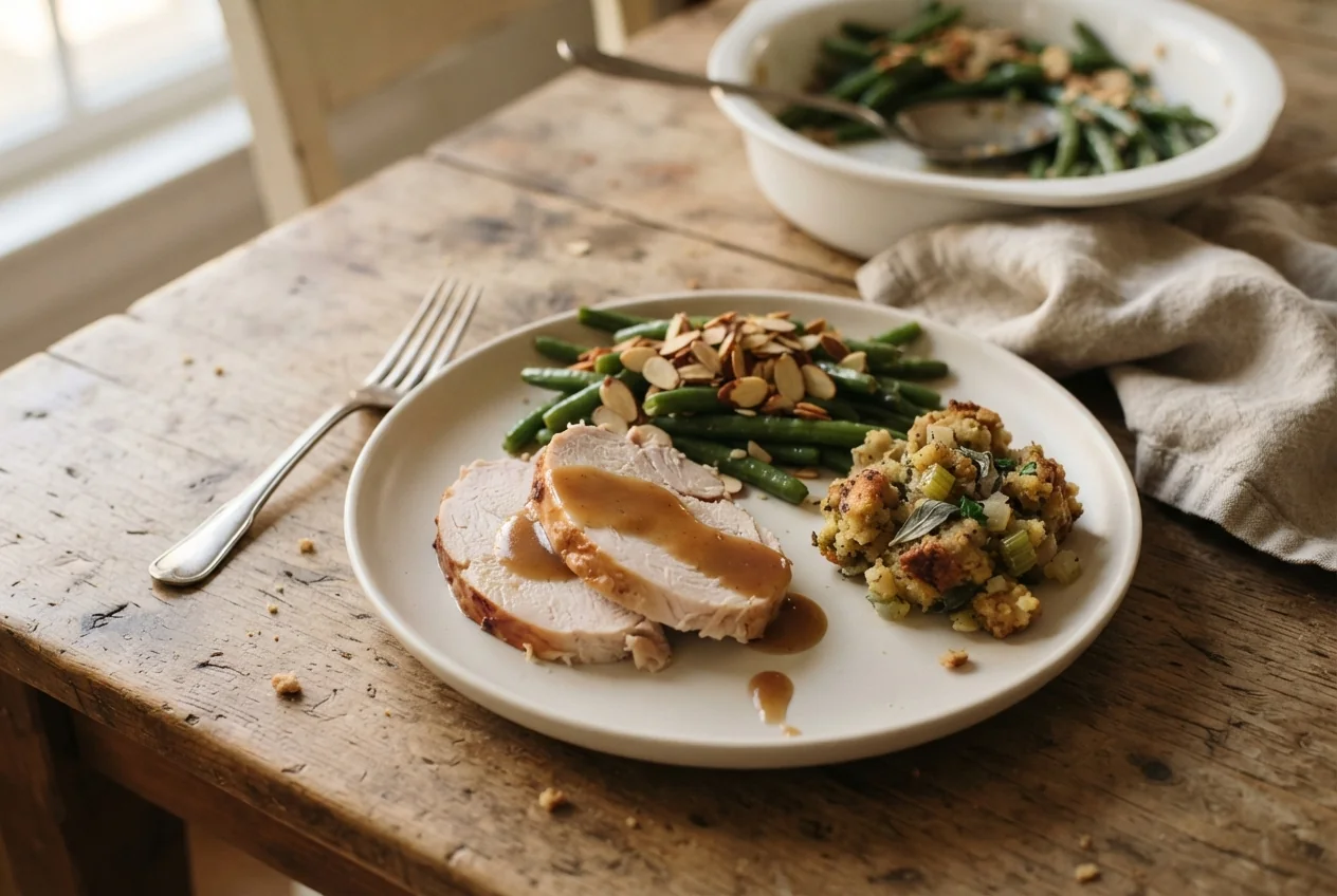 A dinner plate with sliced roast turkey and gravy, green beans with toasted almonds, and one scoop of bread stuffing, on a wooden table