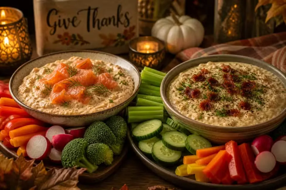 Keto-friendly Thanksgiving appetizer spread with smoked salmon dip and bacon clam dip served with fresh vegetables