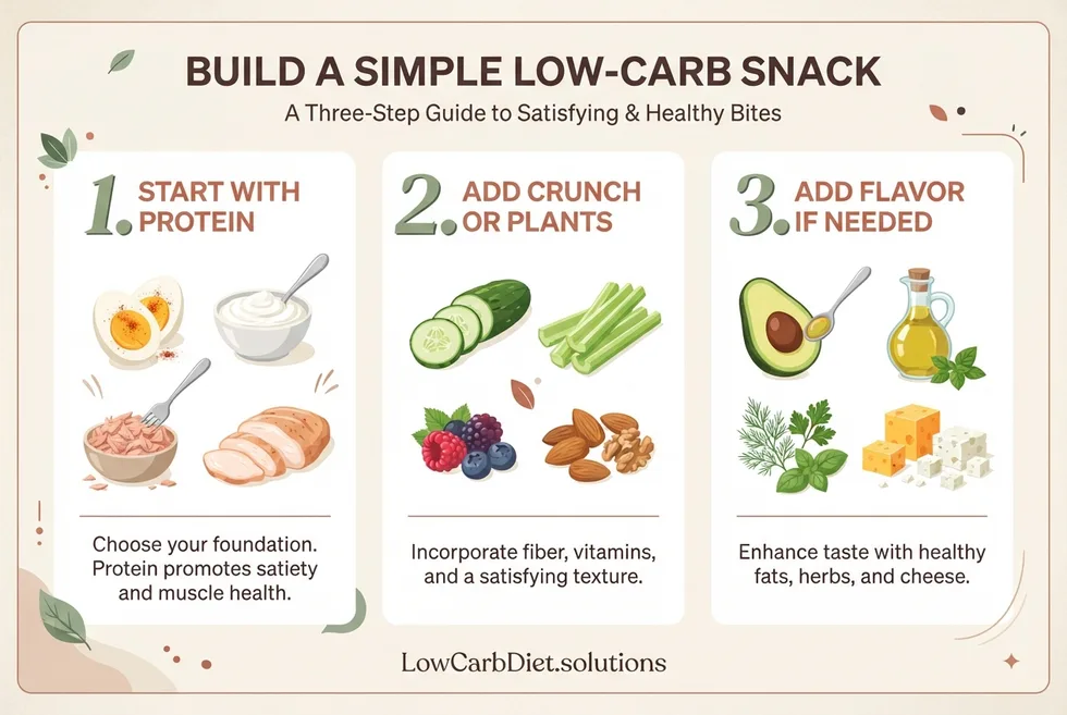 Three-step guide to building a simple low-carb snack: start with protein, add crunch or plants, then add flavor