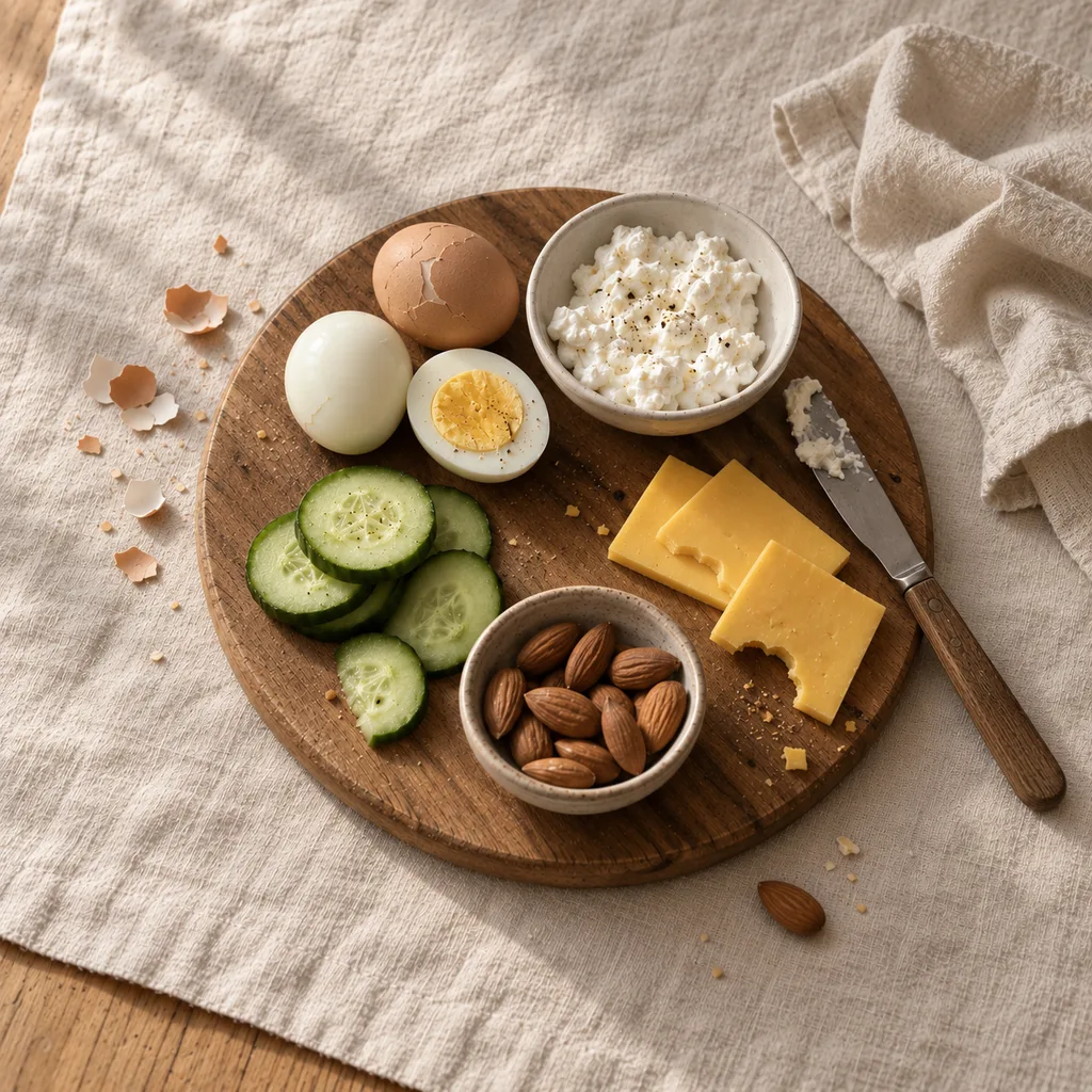 A board of hard-boiled eggs, cottage cheese, cheddar slices, almonds and cucumber slices arranged as a whole-food snack plate