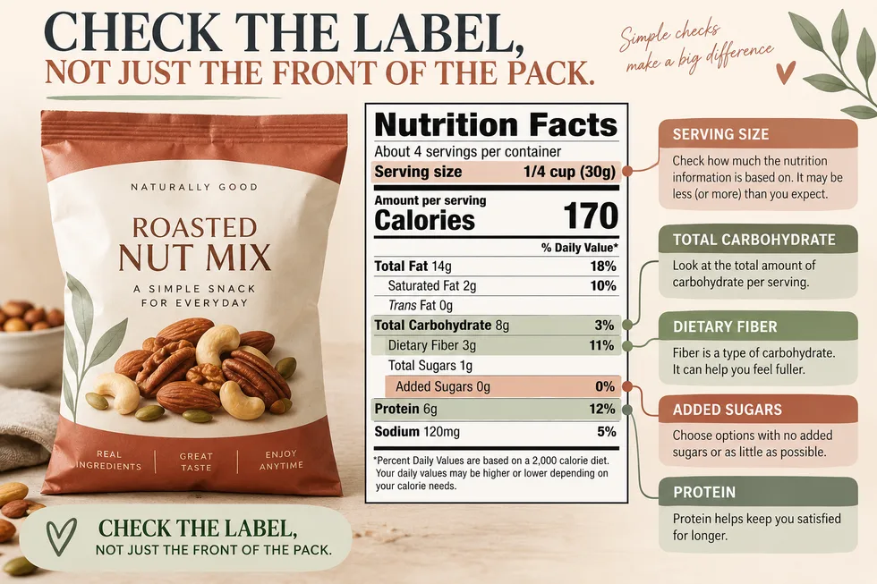 Nutrition Facts panel on a fictional roasted nut mix with callouts marking serving size, total carbohydrate, dietary fiber, added sugars and protein