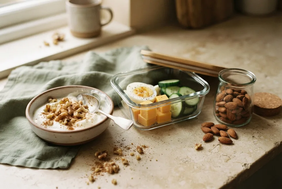Three prepped low-carb snacks ready to go: Greek yogurt with walnuts, a container of boiled egg, cheese and cucumber, and a jar of almonds