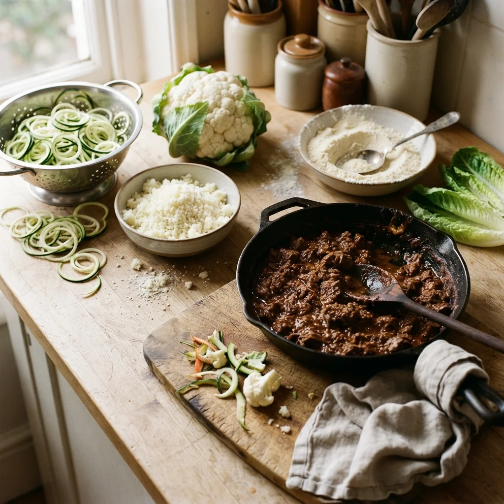 A kitchen counter with spiralized zucchini, a head of cauliflower beside a bowl of riced cauliflower, a bowl of almond flour, romaine leaves and a skillet of beef ragu
