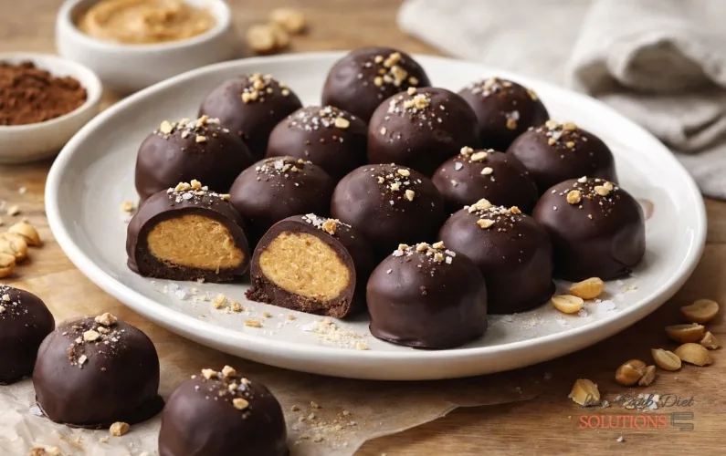 Chocolate peanut butter fat bombs on a white plate, topped with crushed peanuts and sea salt