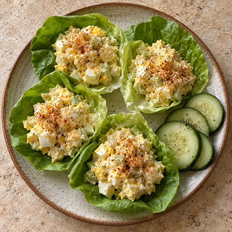 Four butter lettuce leaves filled with chunky egg salad dusted with paprika, with cucumber slices on a speckled plate