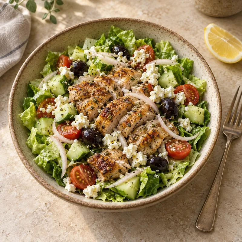 A bowl of chopped romaine with sliced seared chicken thigh, cucumber, cherry tomatoes, black olives, feta and red onion, with a lemon wedge