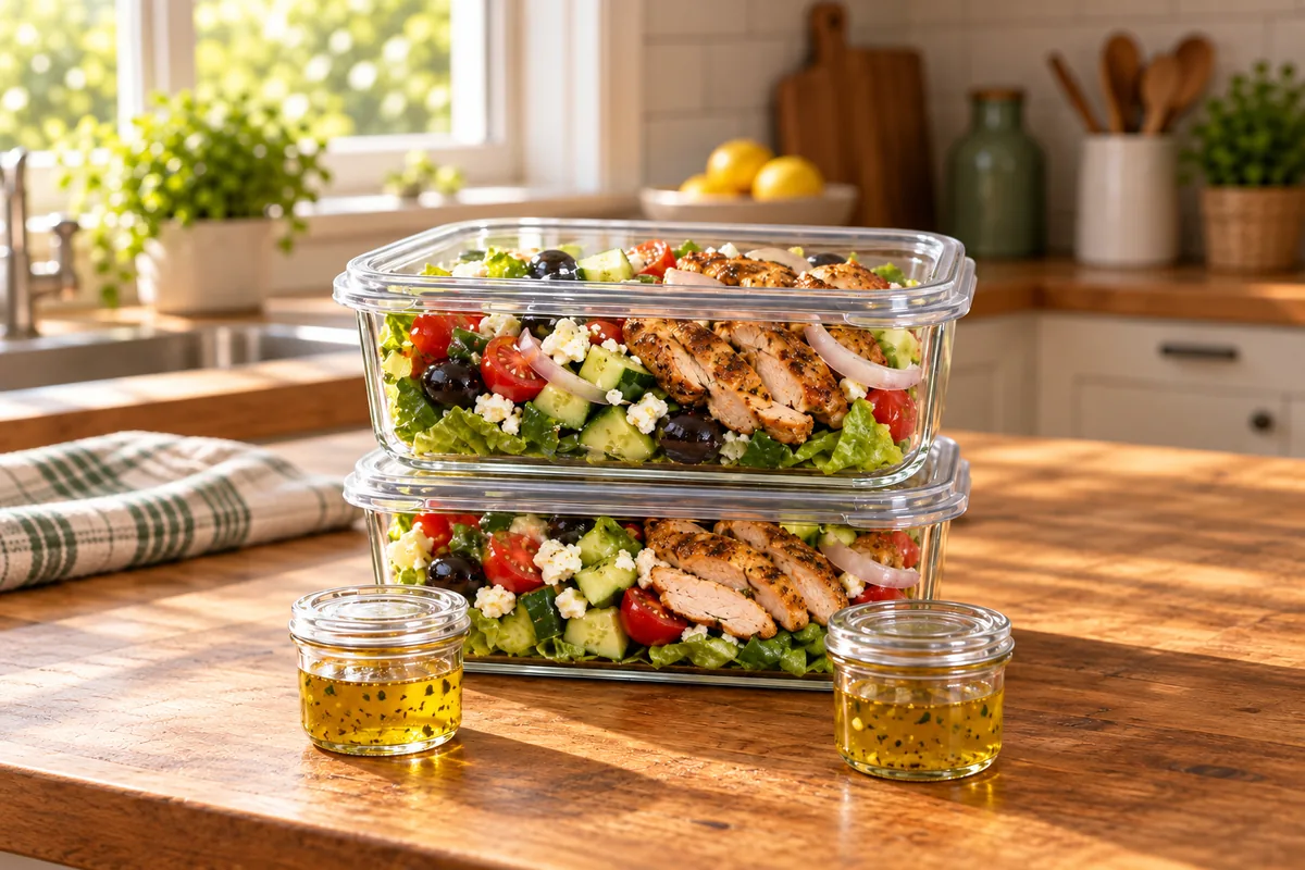 Two stacked glass meal-prep containers of Greek chicken thigh bowl on a wooden kitchen counter, with a small jar of dressing in front of each