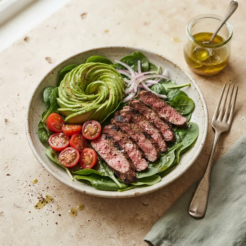 A bowl of baby spinach topped with sliced medium-cooked sirloin steak, a fan of avocado, cherry tomatoes and red onion, with a jar of dressing and a fork