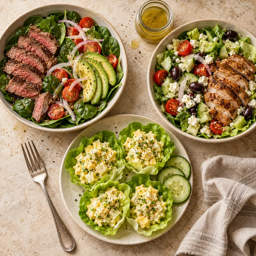 Three low-carb lunches: a steak, avocado and spinach salad, egg salad in butter lettuce leaves with cucumber, and a Greek chicken thigh bowl with feta, olives and tomatoes, with a jar of dressing