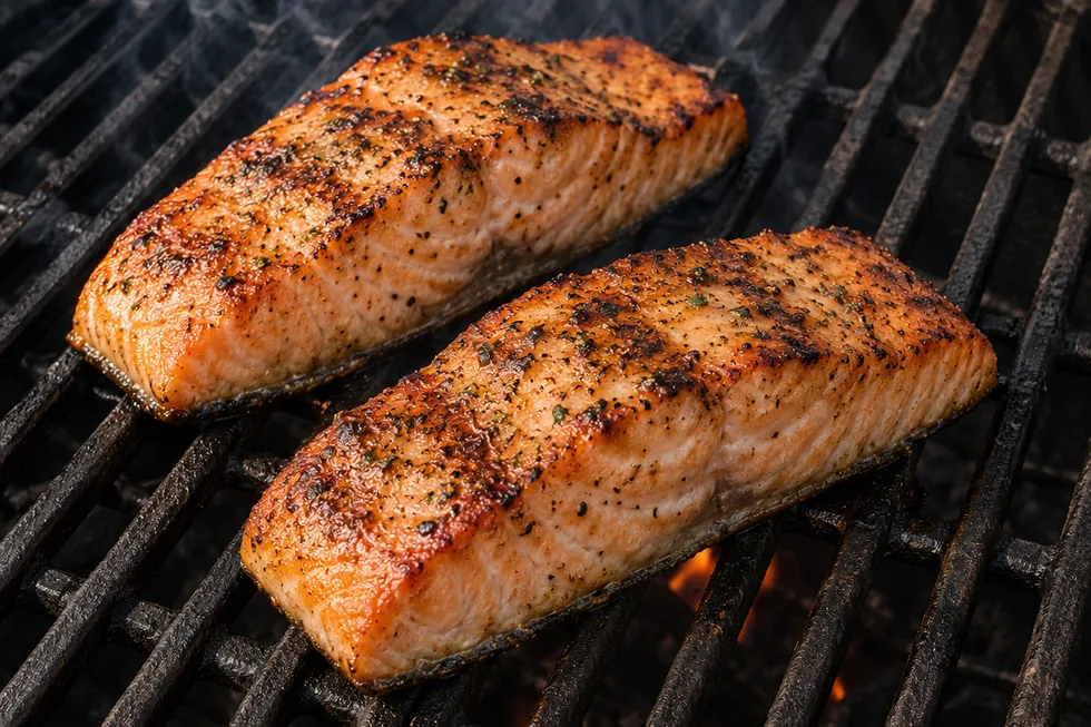 Two seasoned salmon fillets grilling skin-side down on a hot grill, flesh side up, with a little smoke rising