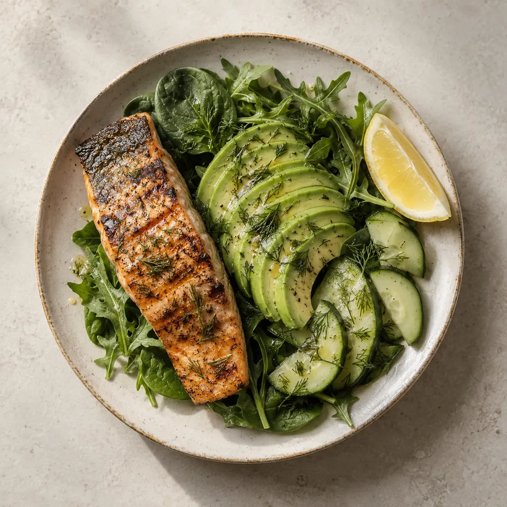 Grilled salmon fillet beside sliced avocado, cucumber and arugula, with a lemon wedge and lemon and dill dressing spooned over the avocado