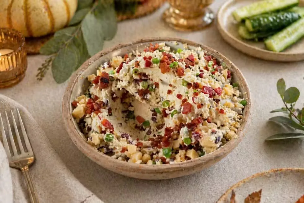 Low-carb bacon macadamia cream cheese spread in a bowl with crispy bacon, macadamia nuts and green onions, served with cucumber slices