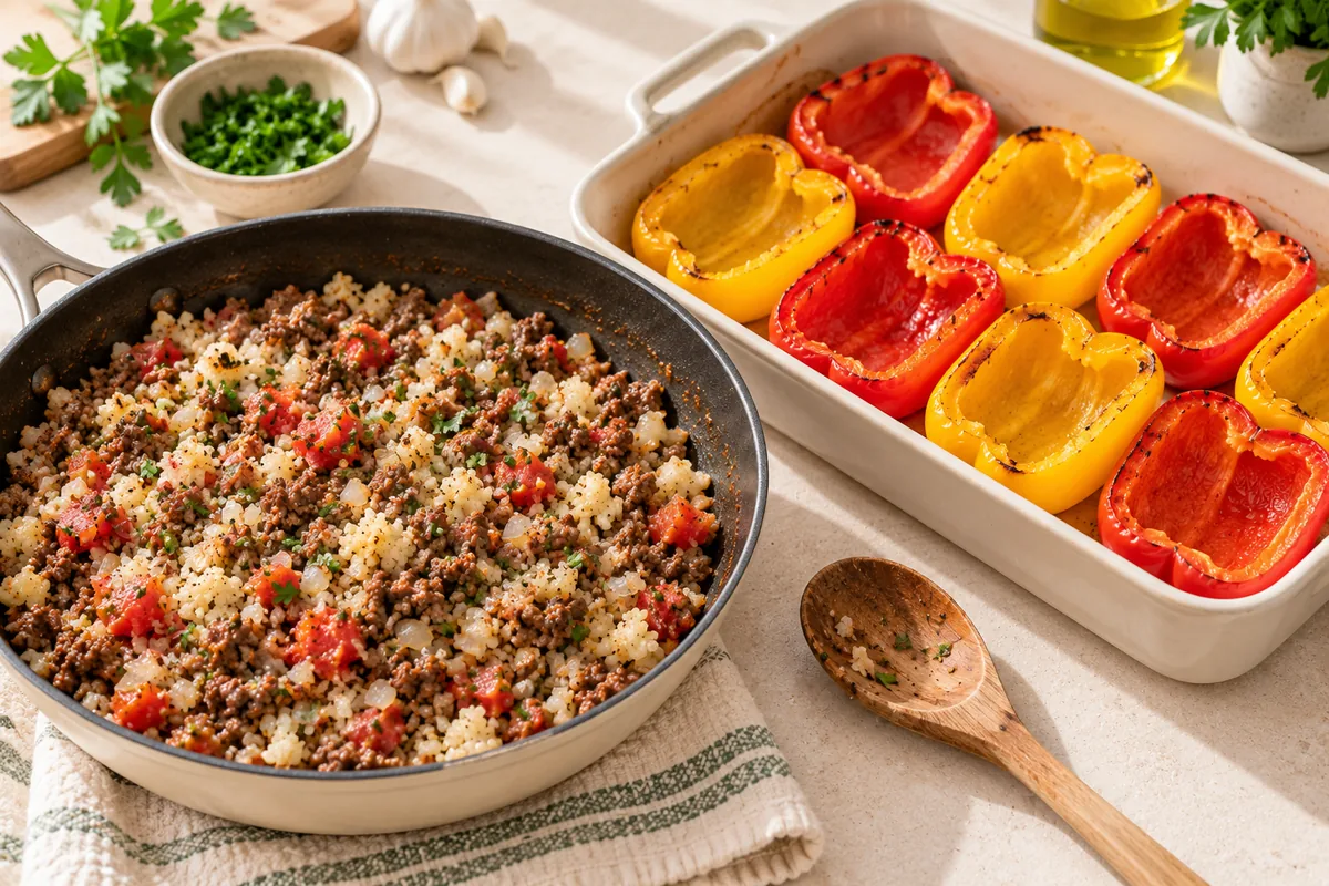 Ground beef, cauliflower rice and tomato filling in a skillet beside a baking dish of pre-baked red and yellow bell pepper halves