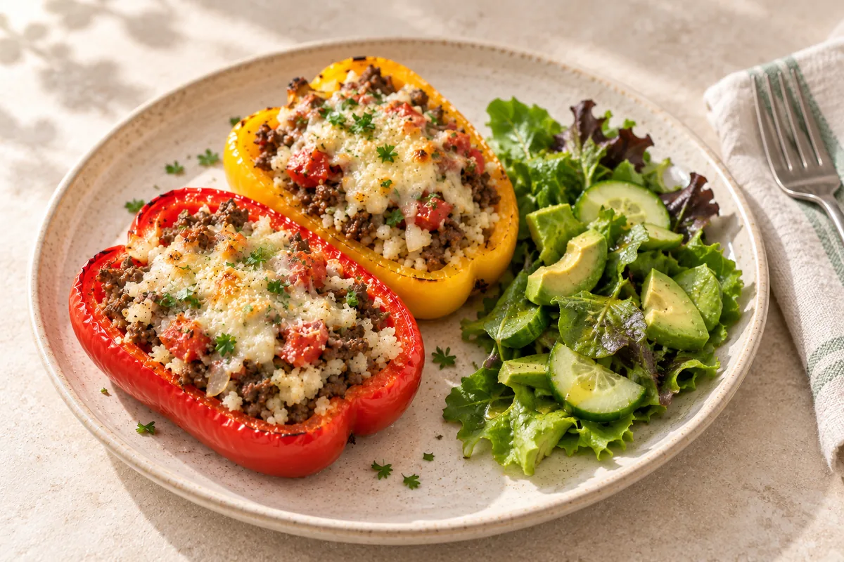 Two stuffed bell pepper halves, one red and one yellow, on a plate beside a green salad with cucumber and avocado