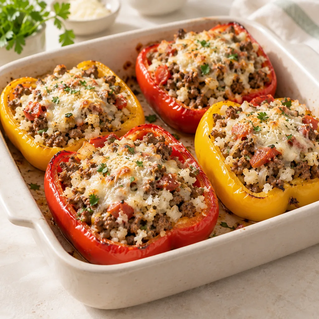 Four baked bell pepper halves, two red and two yellow, filled with ground beef, cauliflower rice and tomato under melted cheese and parsley, in a white baking dish