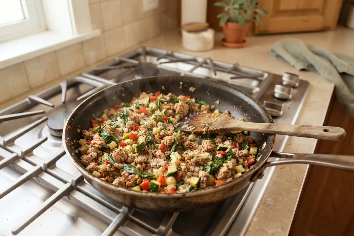 Browned ground turkey, cauliflower rice, diced zucchini, red bell pepper and wilted spinach in a skillet on a gas stovetop, with a wooden spatula resting in the pan